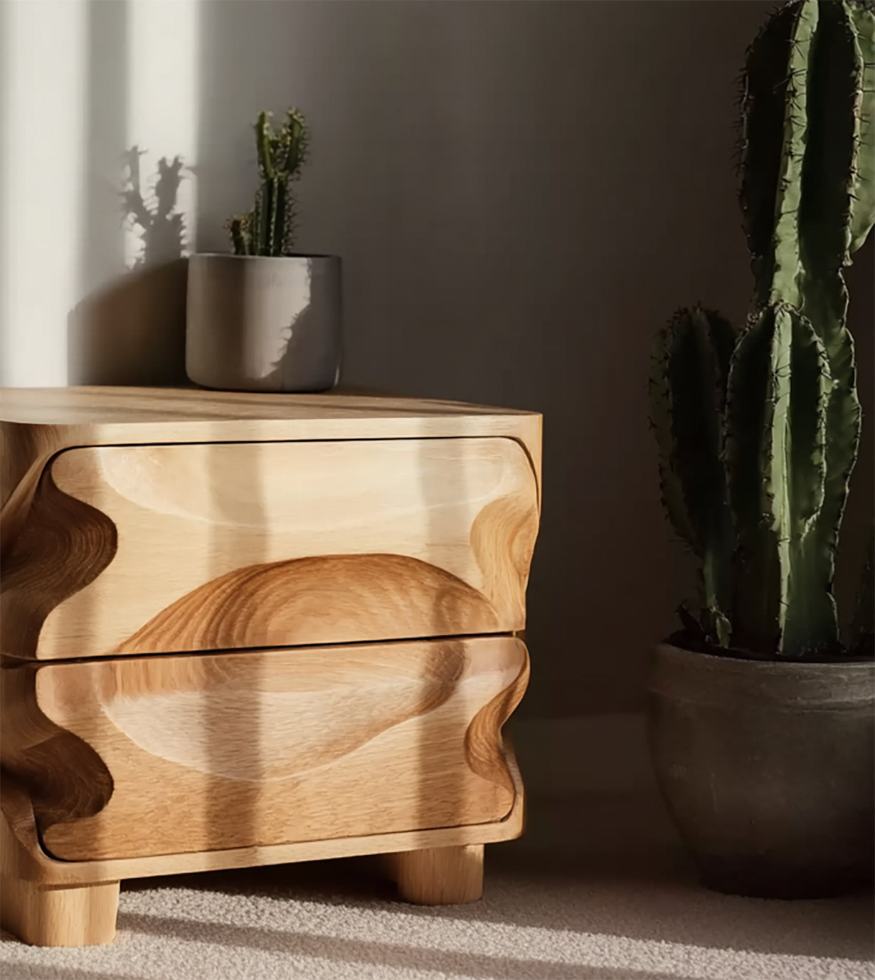 Modern Wavy Nightstand – Solid Wood Bedside Table with Hand-Carved Drawer