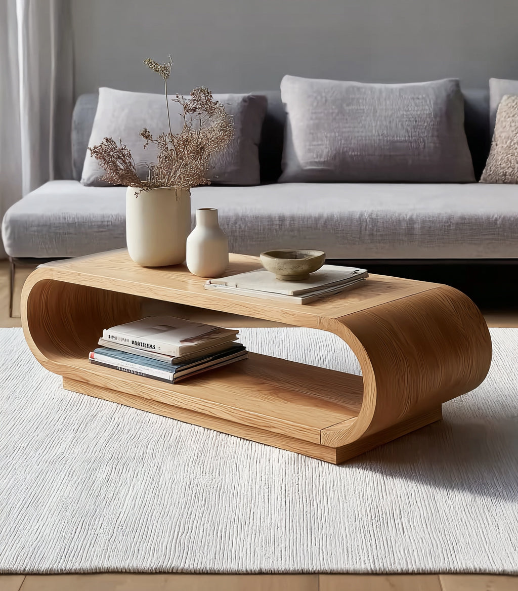 Modern Curved Wood Coffee Table – Minimalist Oak Center Table with Storage Shelf