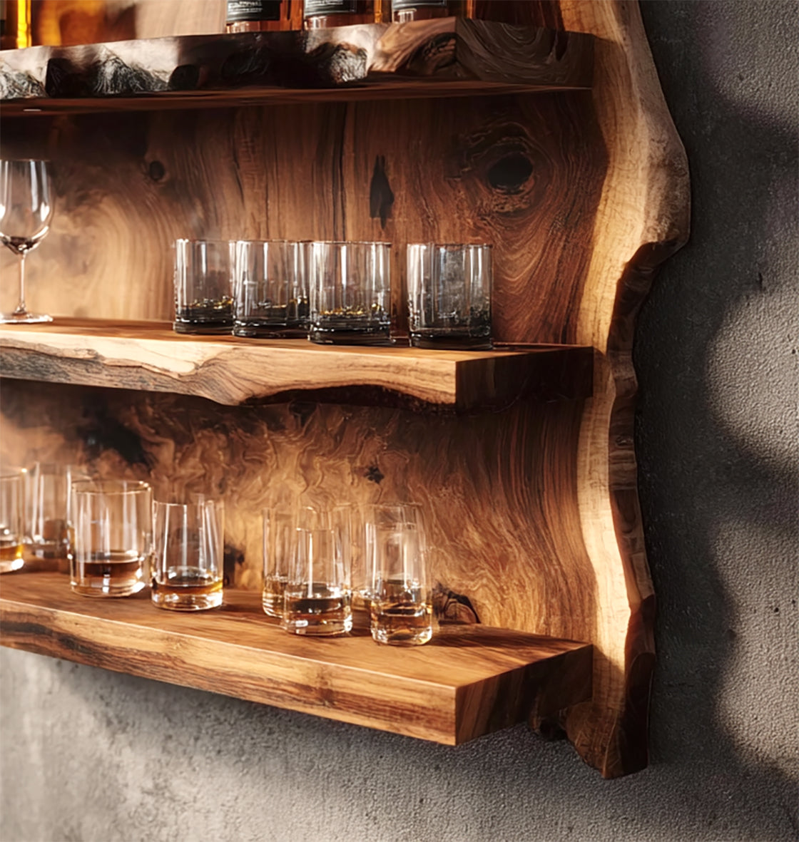 Live Edge Floating Bar Shelf – Handcrafted Solid Wood Wall Bar, Rustic Home Decor
