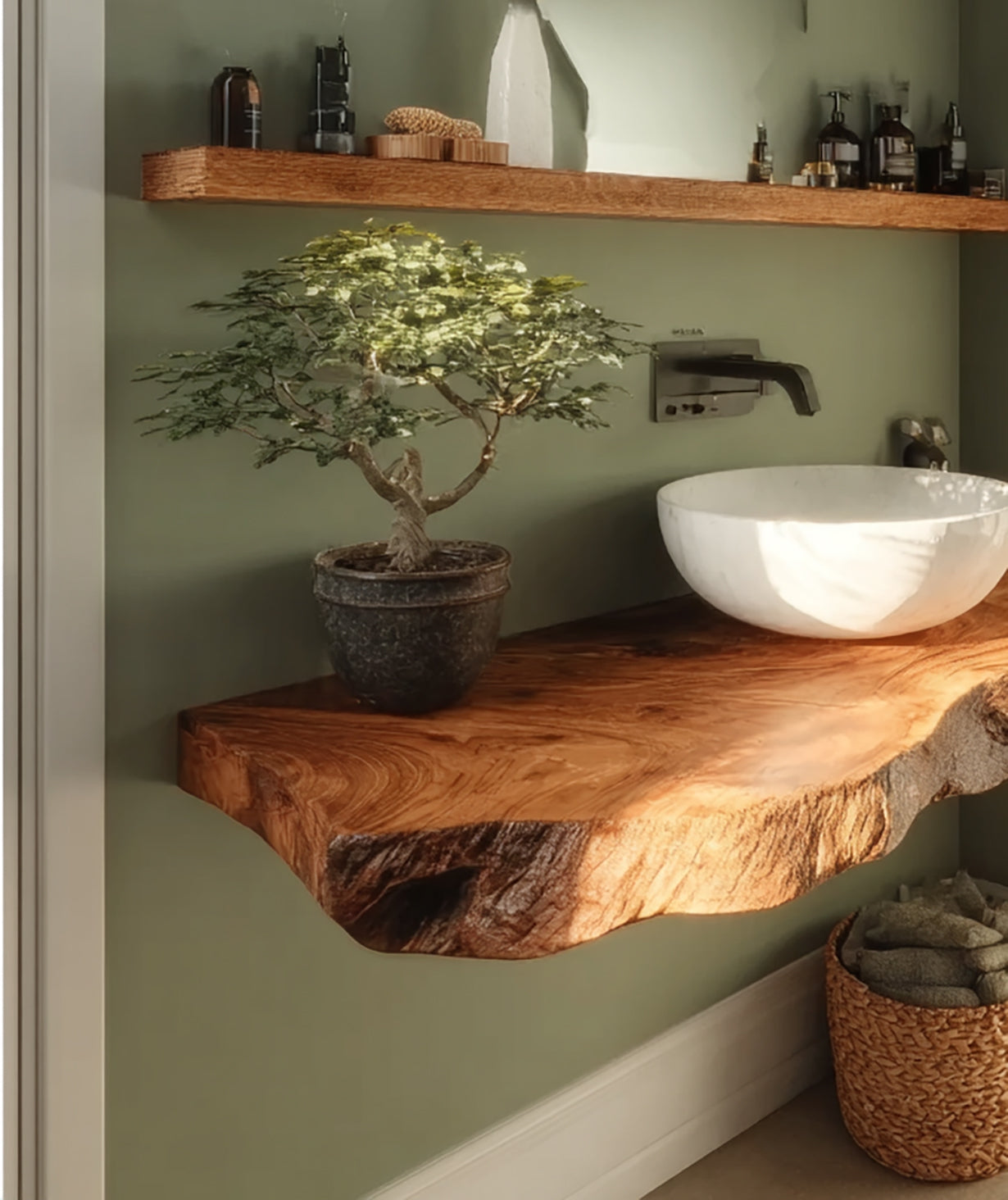 Rustic Solid Wood Live Edge Bathroom Vanity Countertop – Floating Washstand Shelf