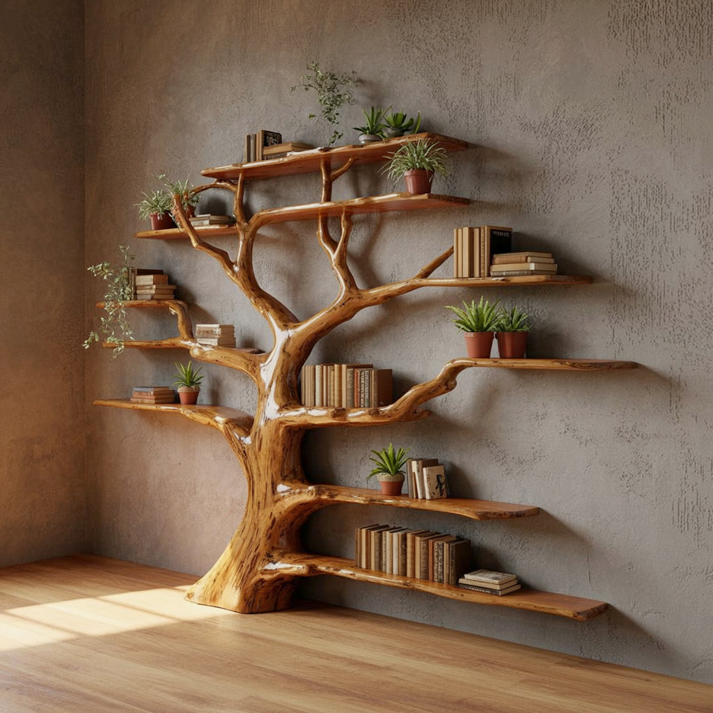 Tree Bookshelf – Rustic Wooden Book Tree Shelf, Wall-Mounted Natural Wood Décor