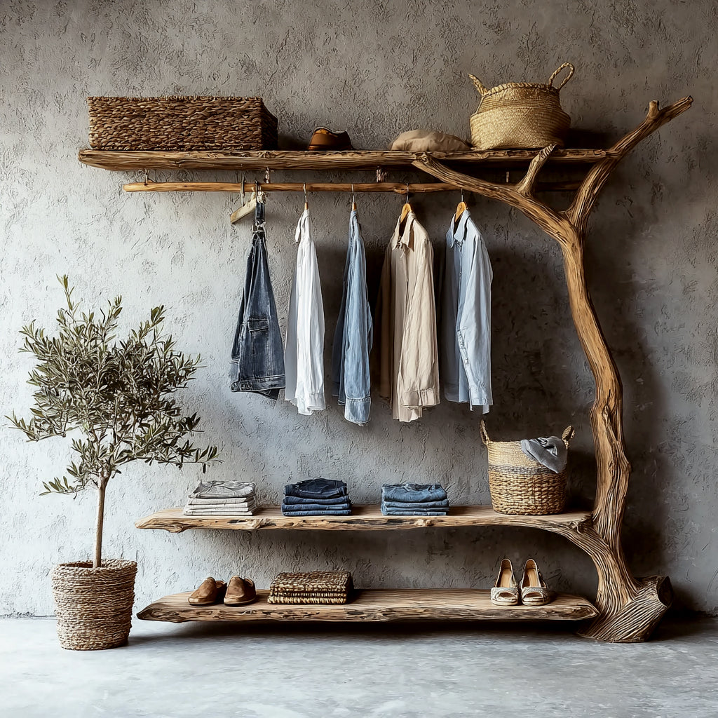 Handcrafted Tree Branch Clothing Rack – Solid Wood Wardrobe Shelf Organizer for Home Décor
