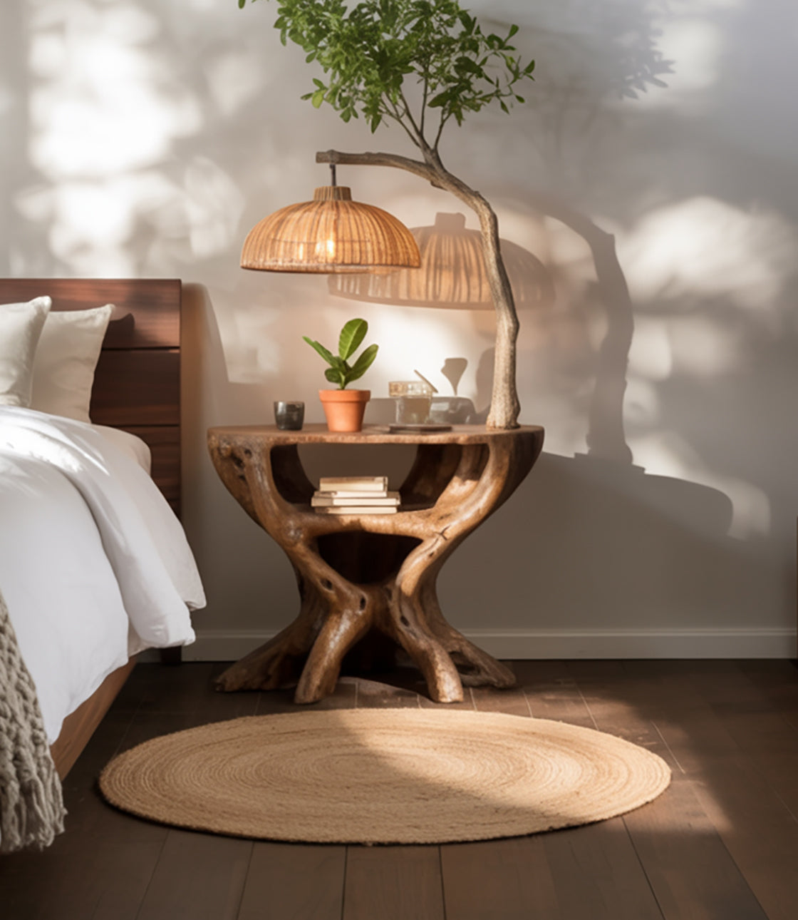 Handmade Wooden Side Table with Integrated Tree Lamp – Rustic Nightstand Lighting Decor
