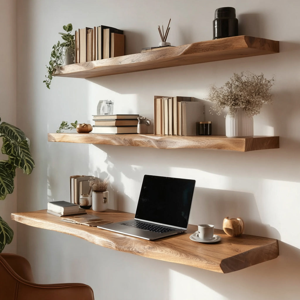 Handmade Live Edge Wood Desk – Floating Wall Shelves for Modern Office