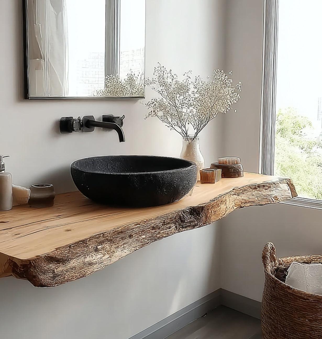 Handmade Live Edge Wood Bathroom Vanity – Rustic Solid Wood Sink Shelf
