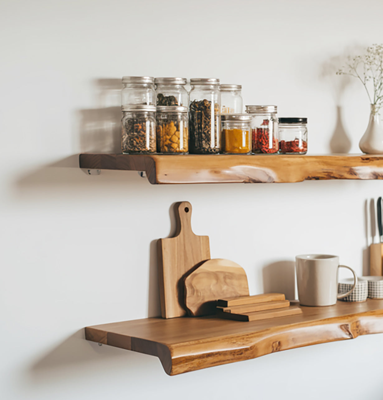 Live Edge Walnut Floating Kitchen Shelf – Solid Wood Wall-Mounted Storage