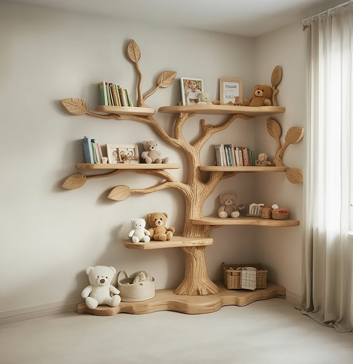 Kids Tree Bookshelf – Natural Wood Tree-Shaped Corner Shelf