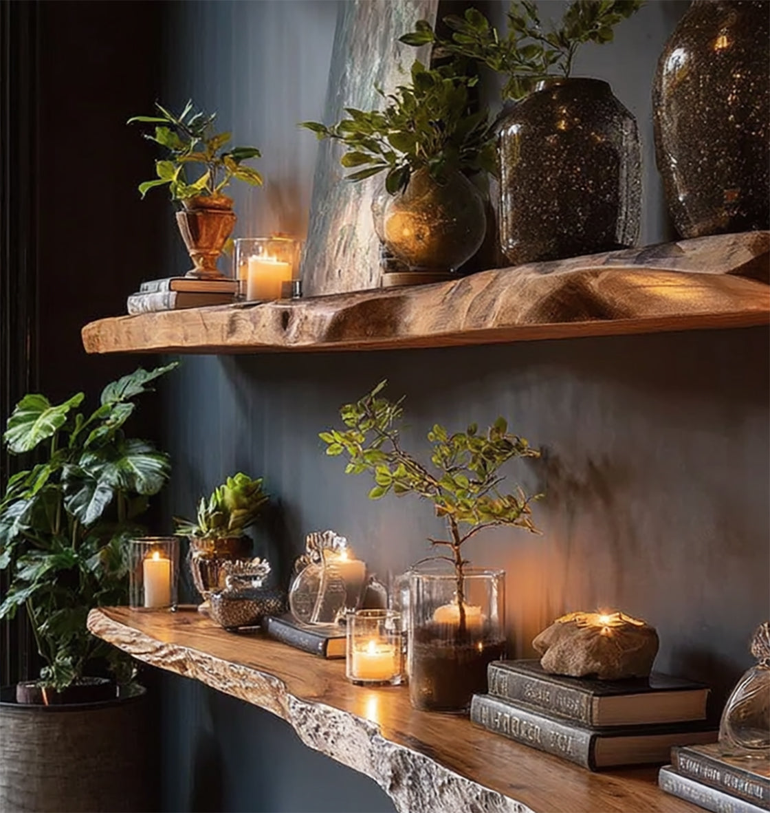 Rustic Live Edge Floating Shelves – Handmade Solid Wood Wall Shelves
