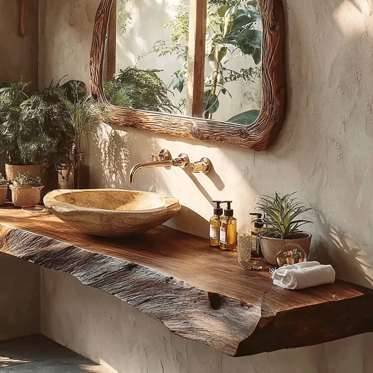 Custom Live Edge Wood Bathroom Vanity – Rustic Solid Wood Sink Shelf