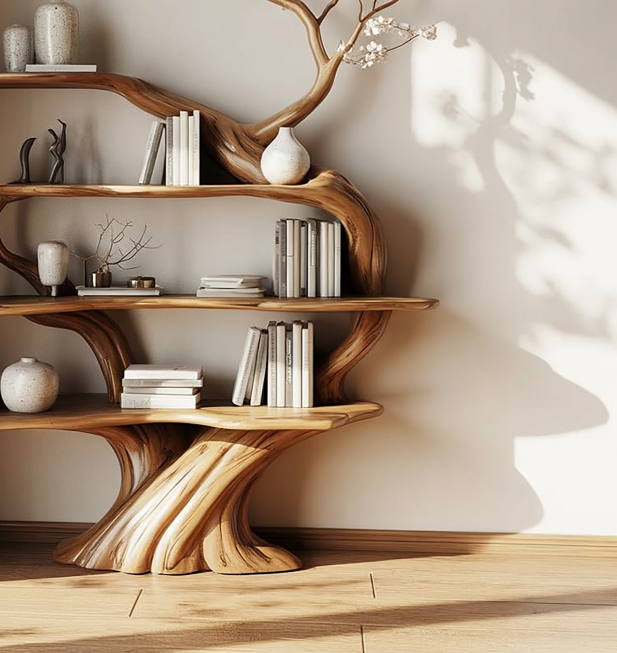 wooden tree-shaped bookshelf with books and ceramic vases in minimalist room