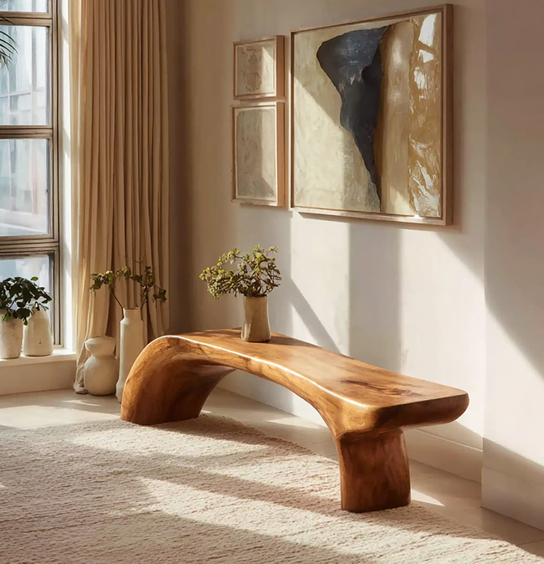 Handcrafted Solid Wood Bench – Modern Curved Live Edge Seating
