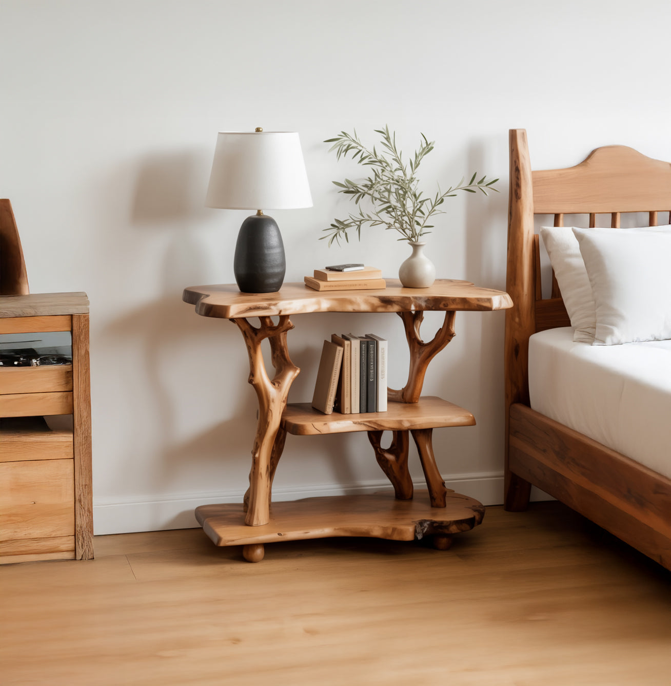 Solid Wood Tree Branch Nightstand – Rustic Free Standing Shelf