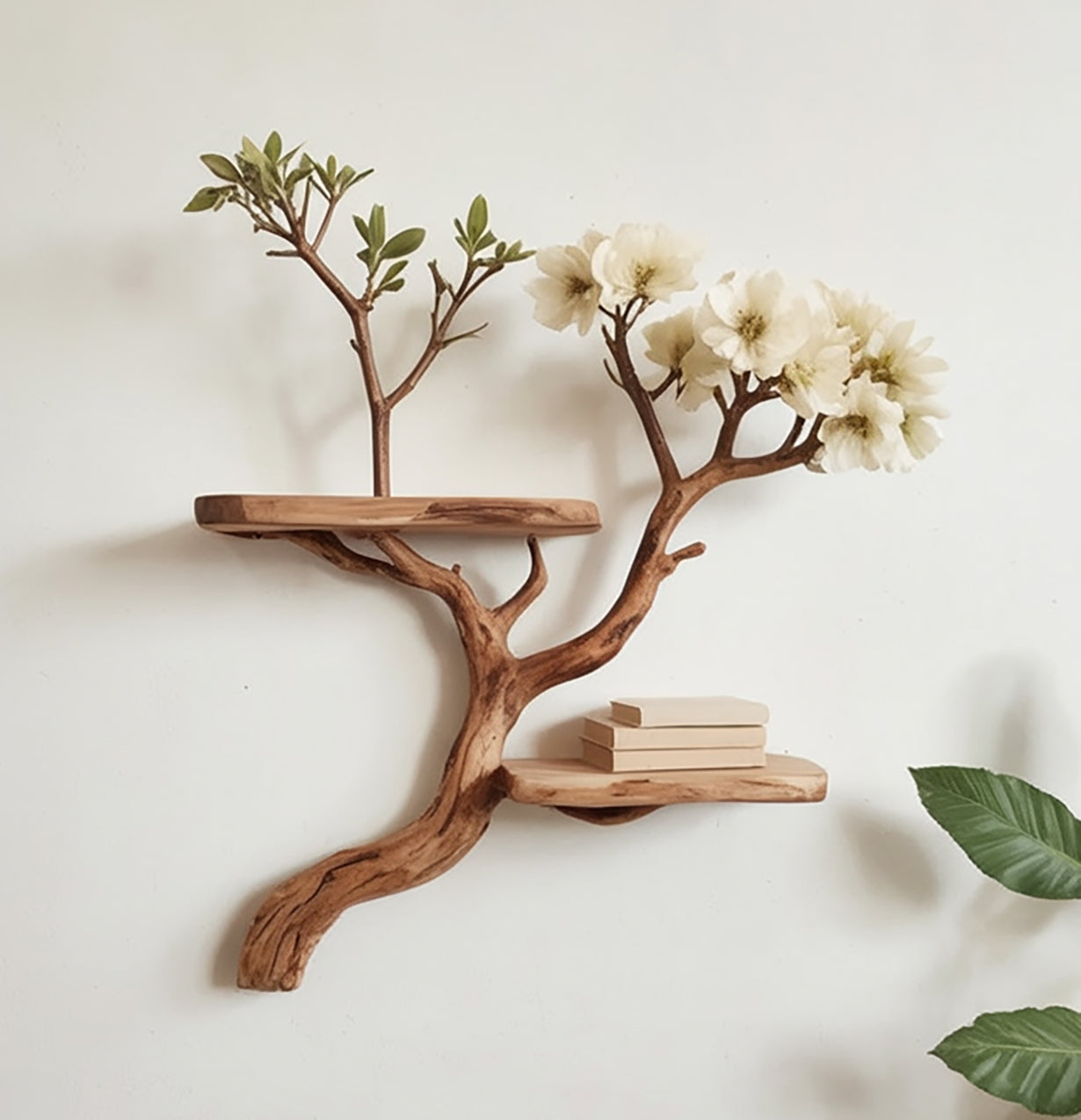 Floating Driftwood Branch Bookshelf – Live Edge Wall Shelves with Faux Flowers