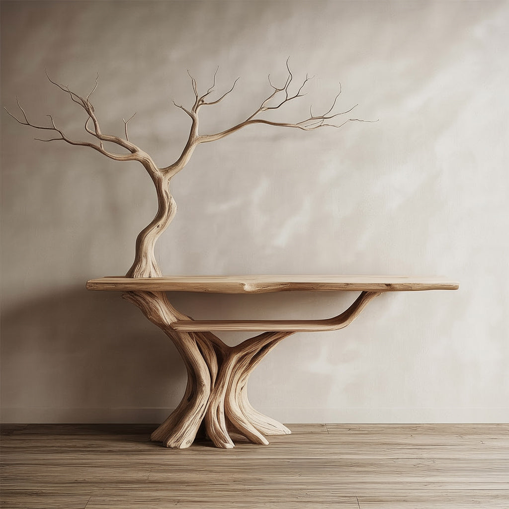 Handcrafted Tree-Inspired Wooden Console Table – Sculptural Solid Wood Entryway Table