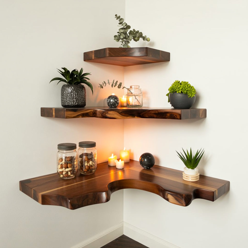 Handcrafted Walnut Corner Shelf – Natural Edge Wood Storage for Living Room