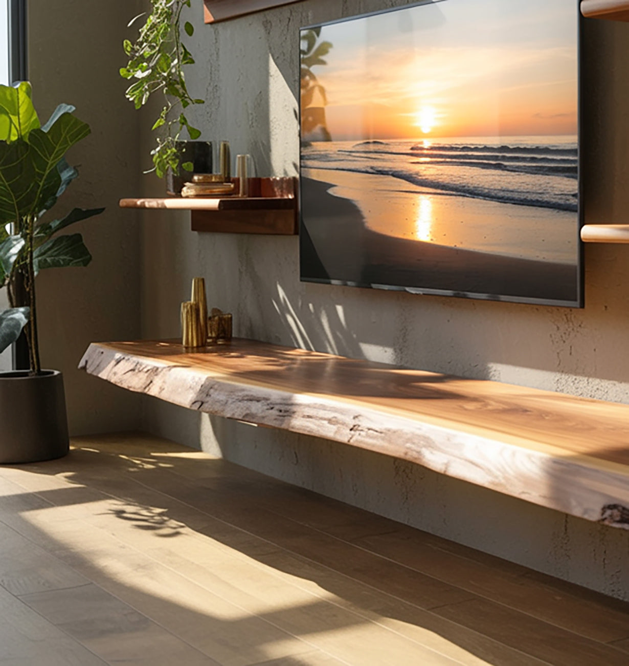 Solid Floating TV Stand with Live Edge – Handcrafted Rustic Media Console