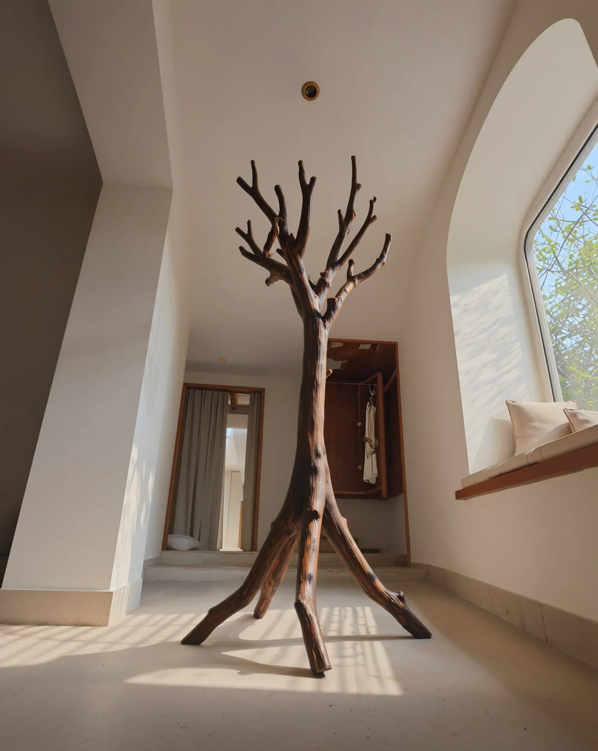 Solid wood tree bookshelf with natural branches, modern hallway, sunlight streaming in