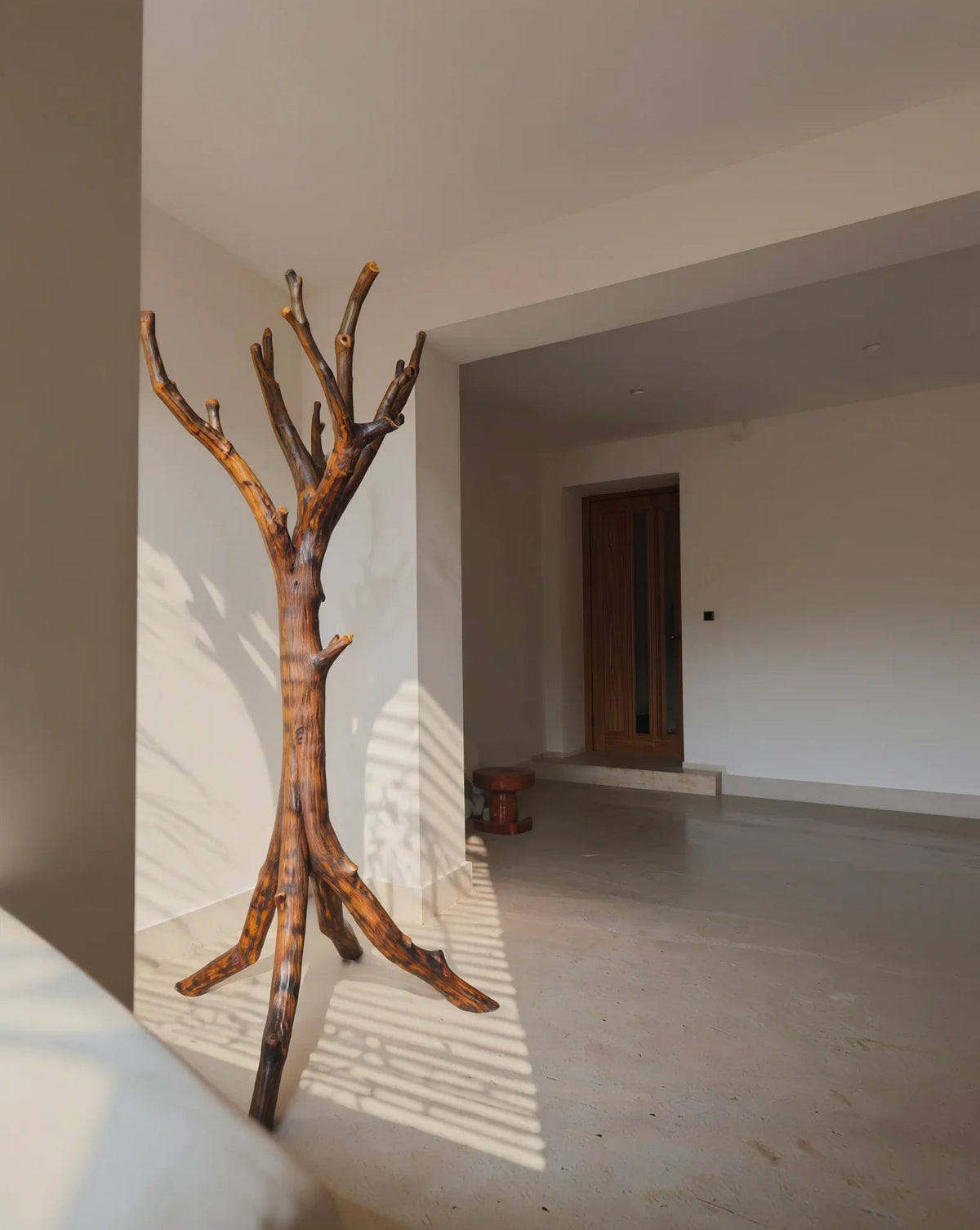 Solid wood tree bookshelf in natural finish standing in a bright modern hallway