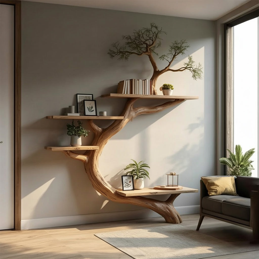 Rustic Tree Bookcase Floating Shelf Decoration Living Room