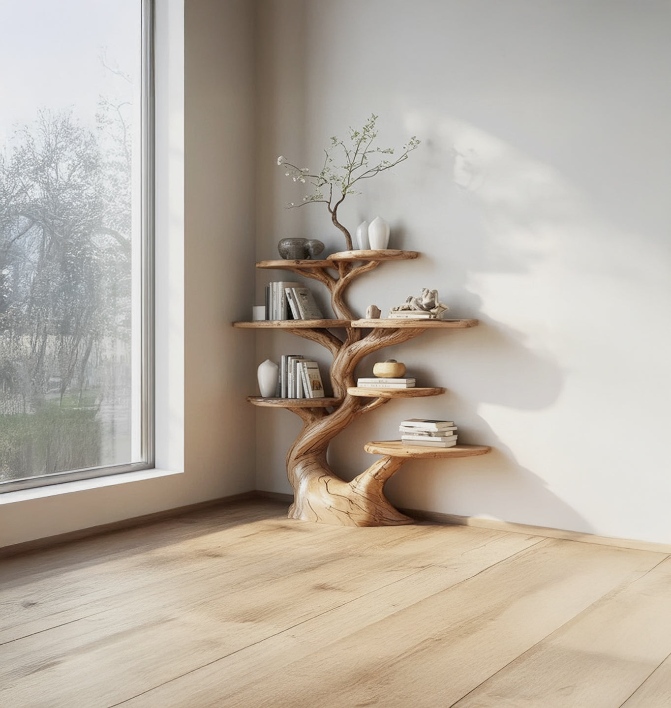 Tree Shaped Wooden Bookshelf – Handmade Solid Wood Tree Shelf for Home Decor