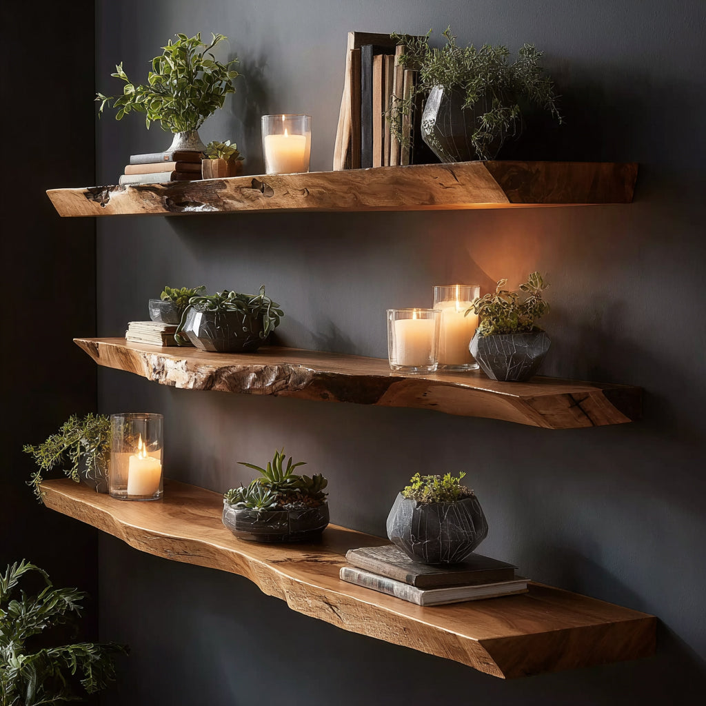 Handmade Live Edge Wooden Floating Shelves – Solid Wood Wall Shelf Set