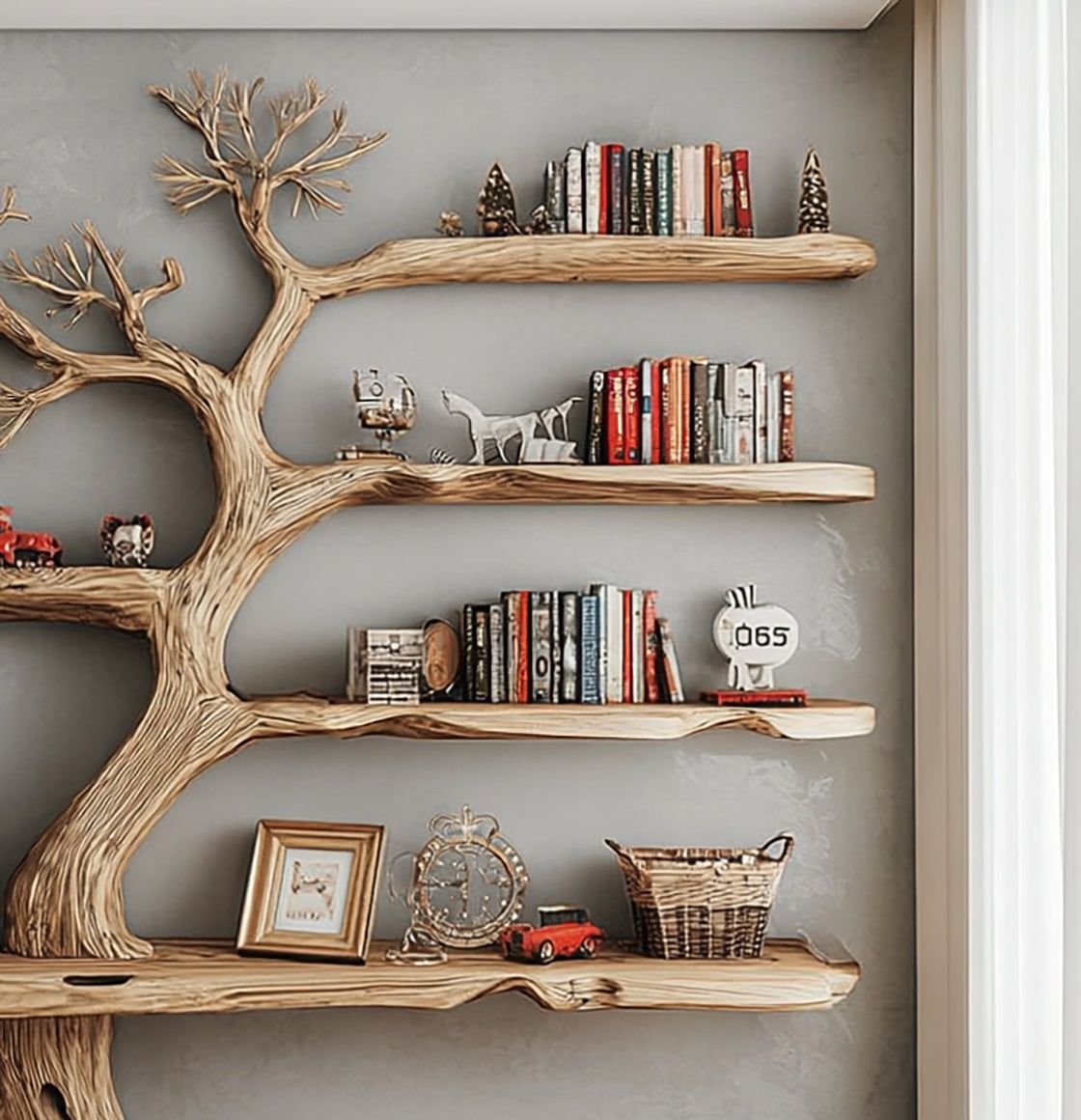 Rustic Tree Shaped Wooden Bookshelf with Branch Design for Living Room or Home Library