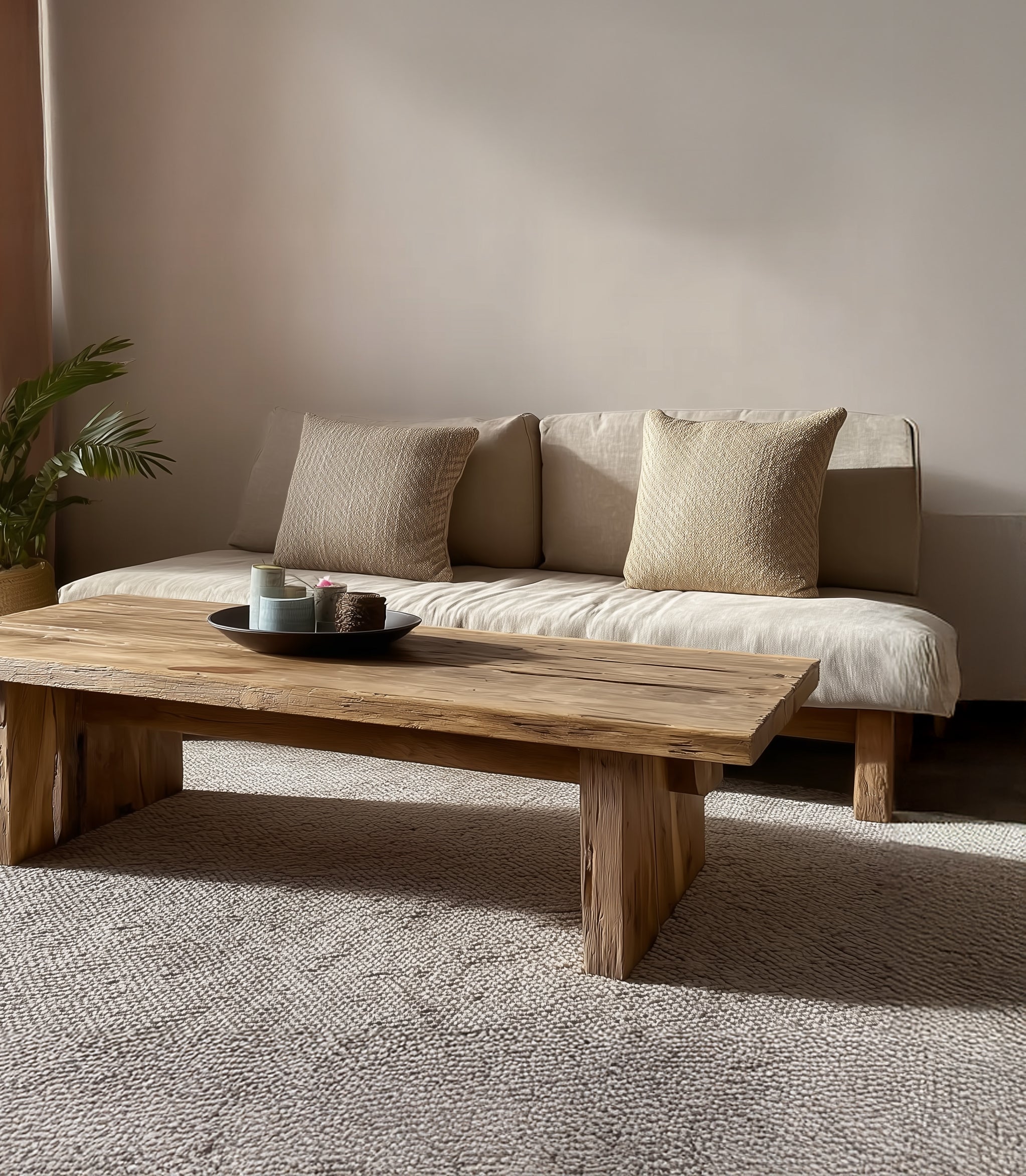 Rustic Handmade Wooden Coffee Table – Live Edge Solid Wood Trestle Farmhouse Rectangular End Table