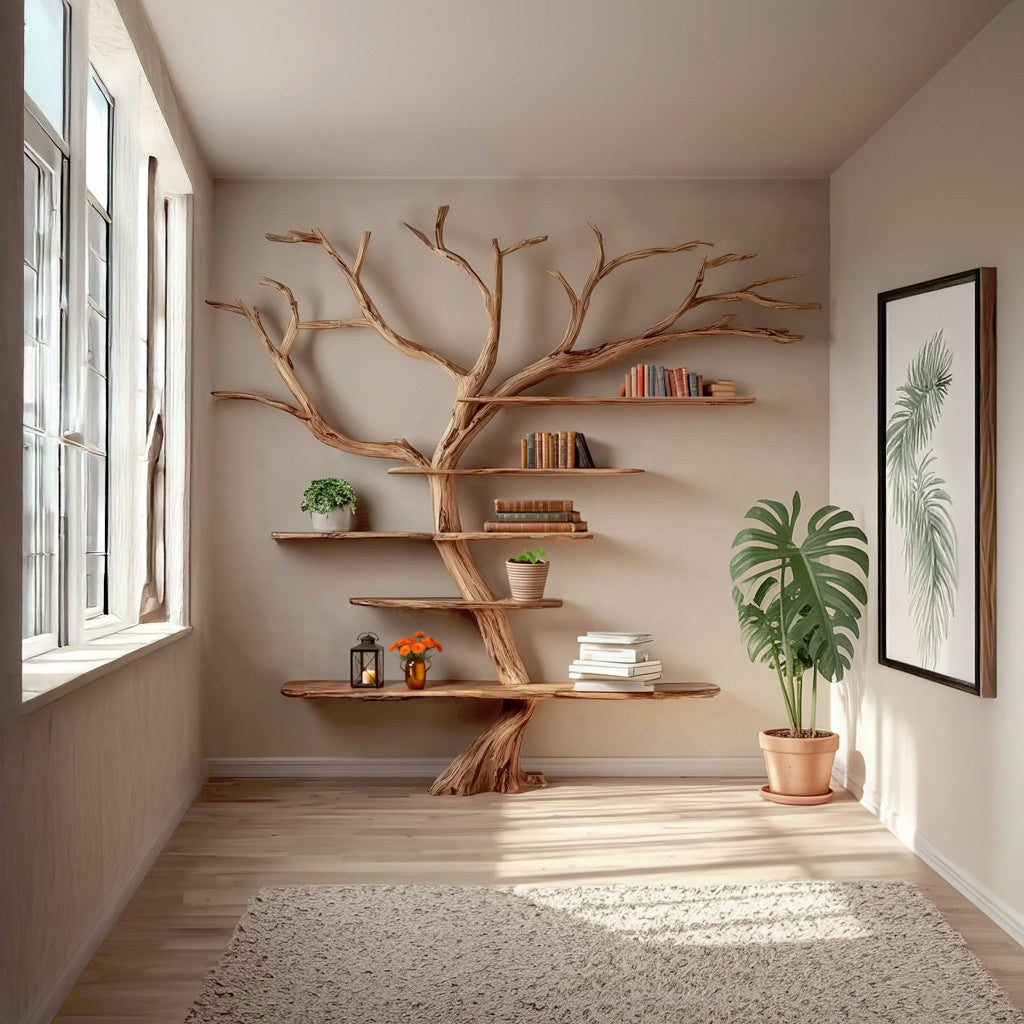 Solid Driftwood Wall Bookshelf – Rustic Tree Branch Floating Shelf Décor