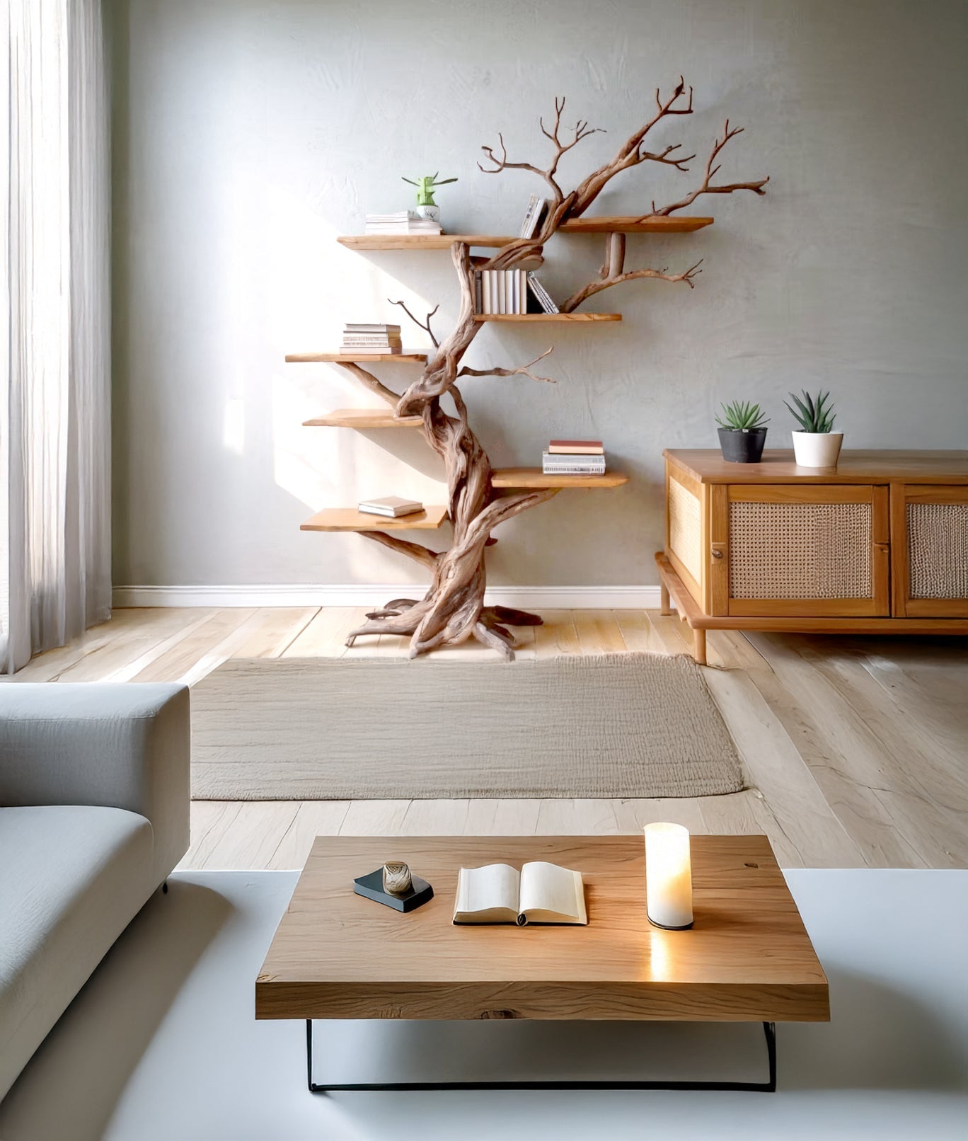 Rustic Mahogany Tree Bookshelf – Tall Wooden Storage Shelves for Living Room Decor