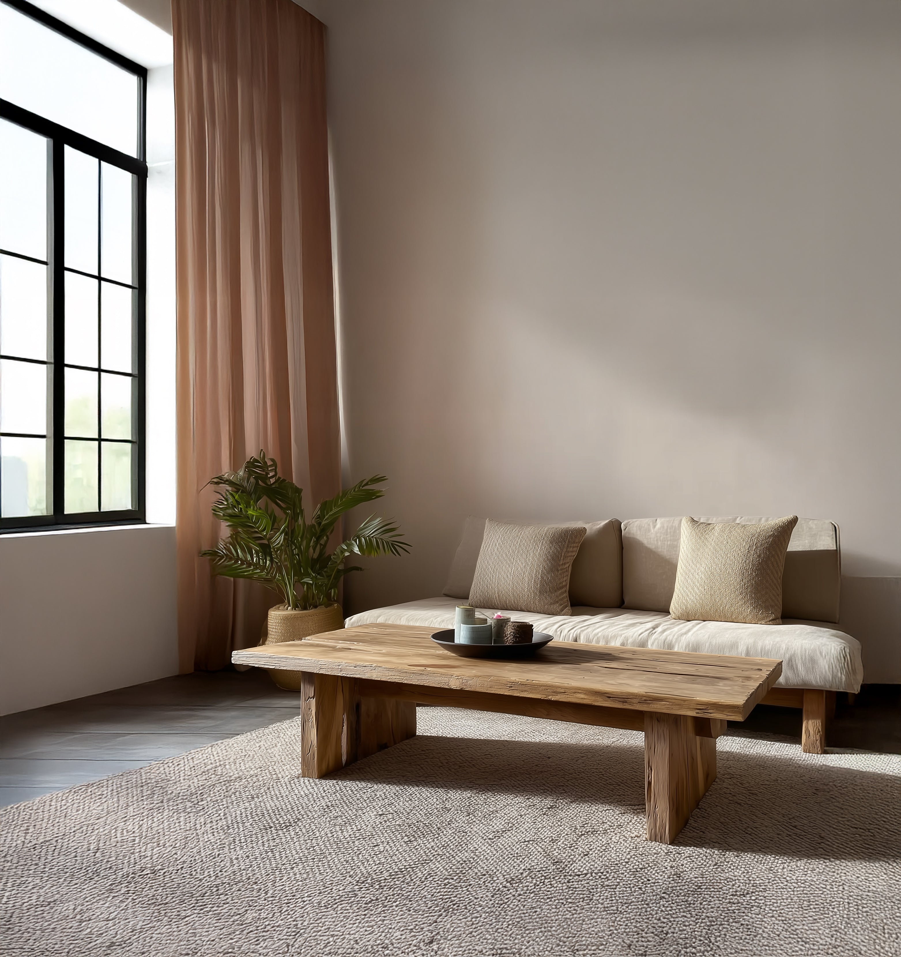 Rustic Handmade Wooden Coffee Table – Live Edge Solid Wood Trestle Farmhouse Rectangular End Table