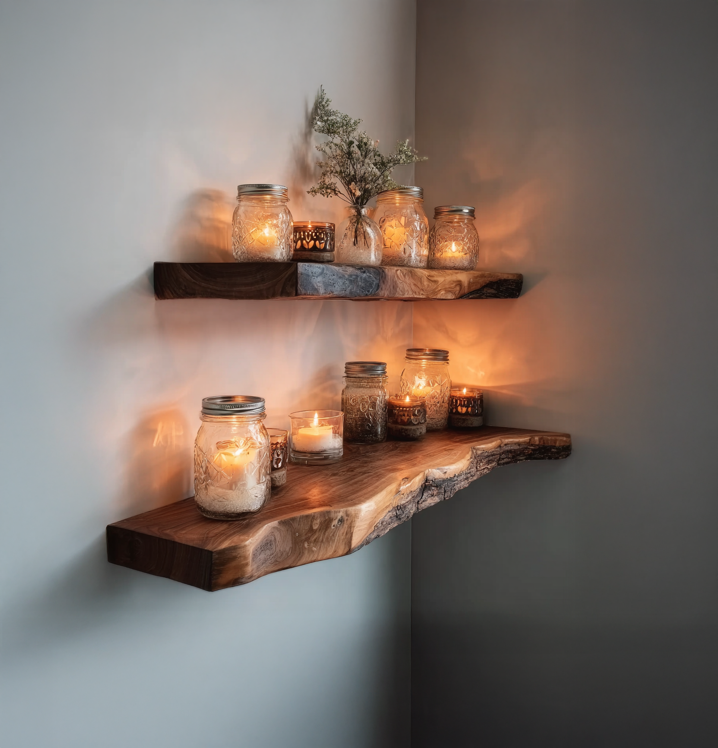 Floating Corner Wall Shelf – Live Edge Walnut Bookshelf for Décor & Housewarming Gift