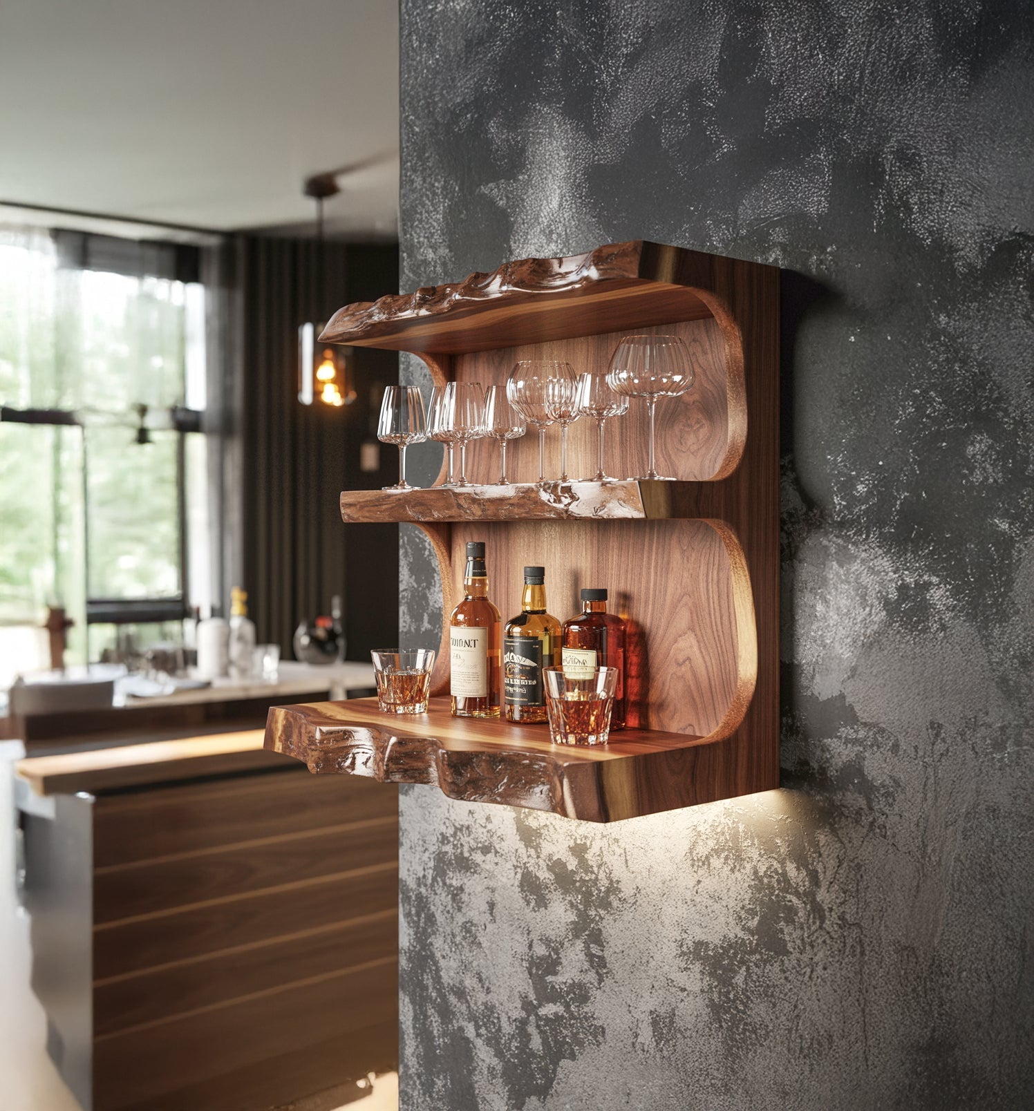 Handcrafted Floating Bar Shelf – Live Edge Wooden Wall Bar, Rustic Farmhouse Decor