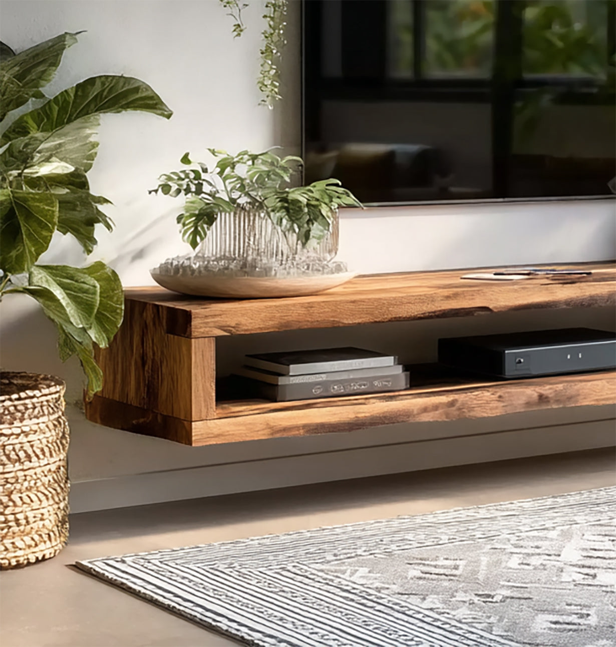 Modern Live Edge Floating TV Console – Handmade Solid Wood Wall Mounted Media Stand