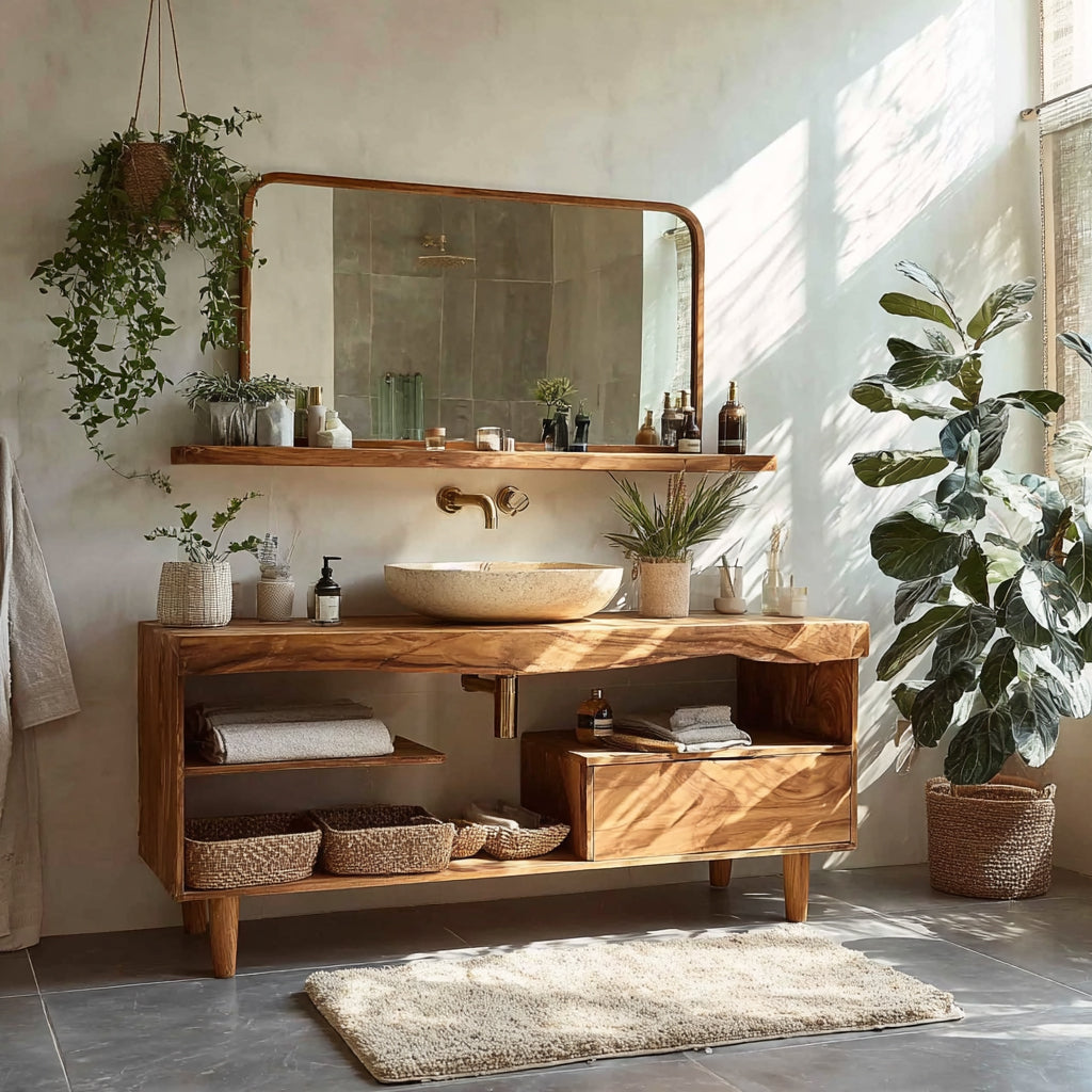 Rustic Live Edge Wood Bathroom Vanity – Handmade Solid Teak Sink Console with Storage