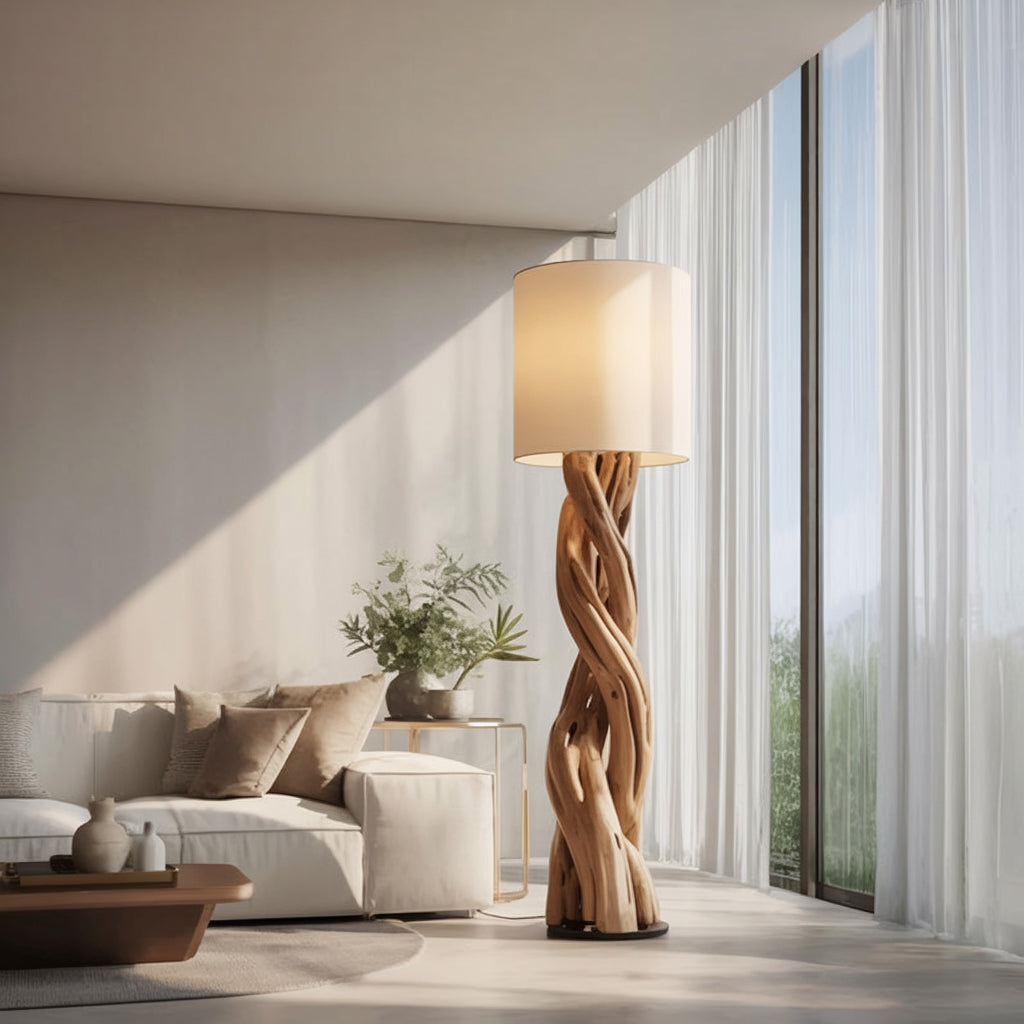 Modern Wooden Floor Lamp – Sculptural Twisted Design with Fabric Shade