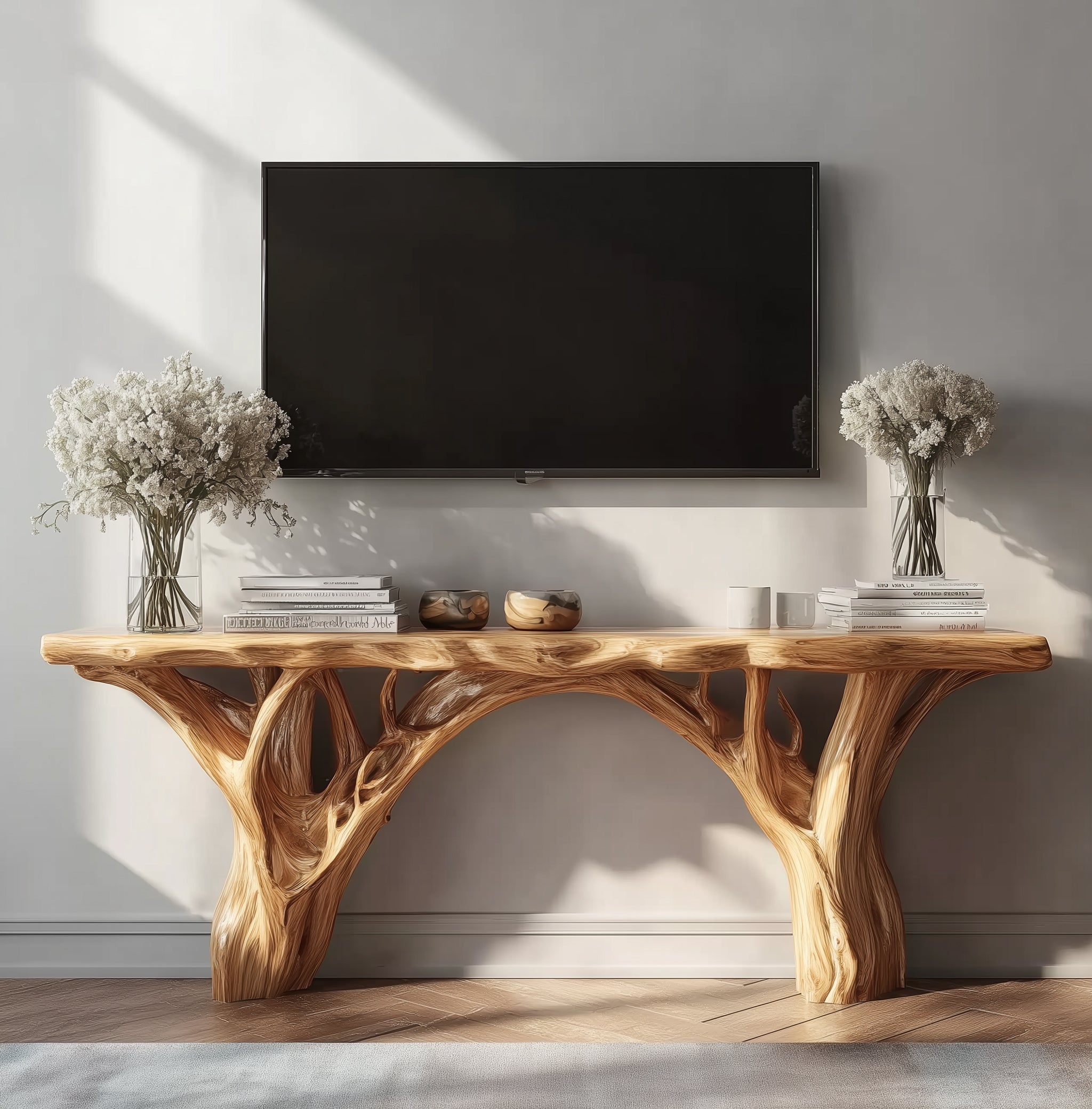 Custom Live Edge TV Stand – Solid Wood Tree Shelf Media Console, Rustic Handmade Cabinet & Bookshelf