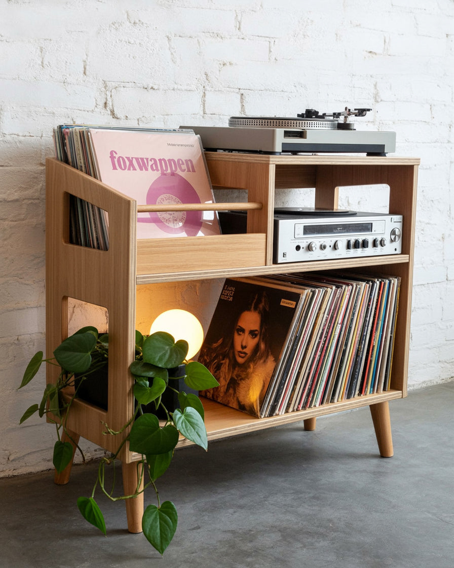 Mid-Century Modern Record Player Stand with Vinyl Storage – Solid Wood Turntable Table