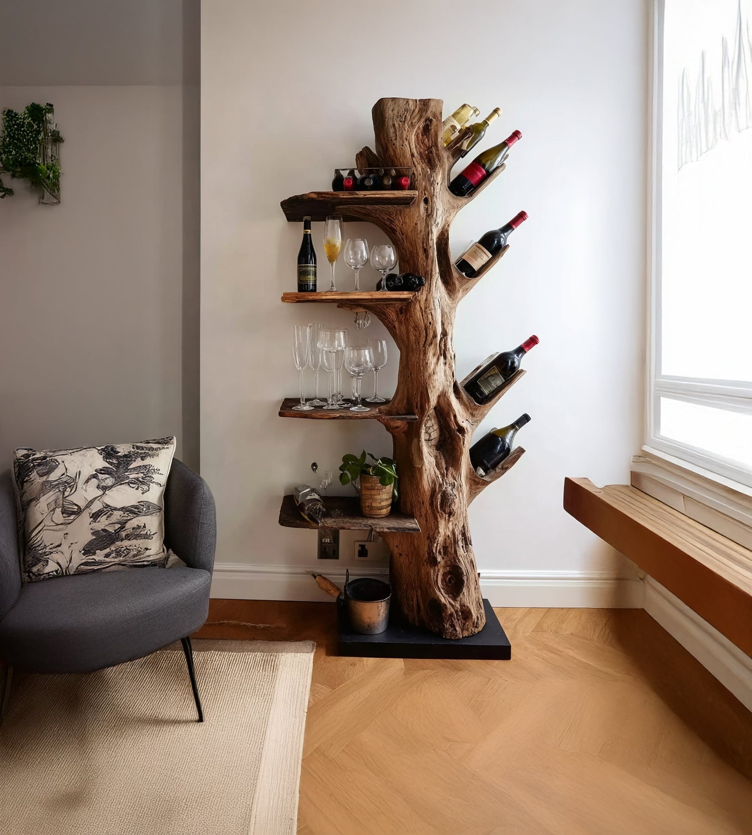 Tree Trunk Wine Rack – Handmade Solid Wood Wine Shelf with Glass Holder for Rustic Home Decor