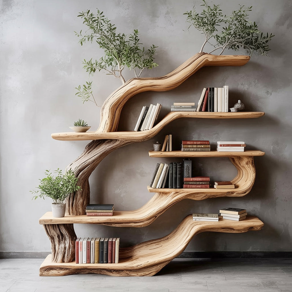 Handcrafted Live Edge Wooden Bookshelf – Artistic Tree Branch Design f