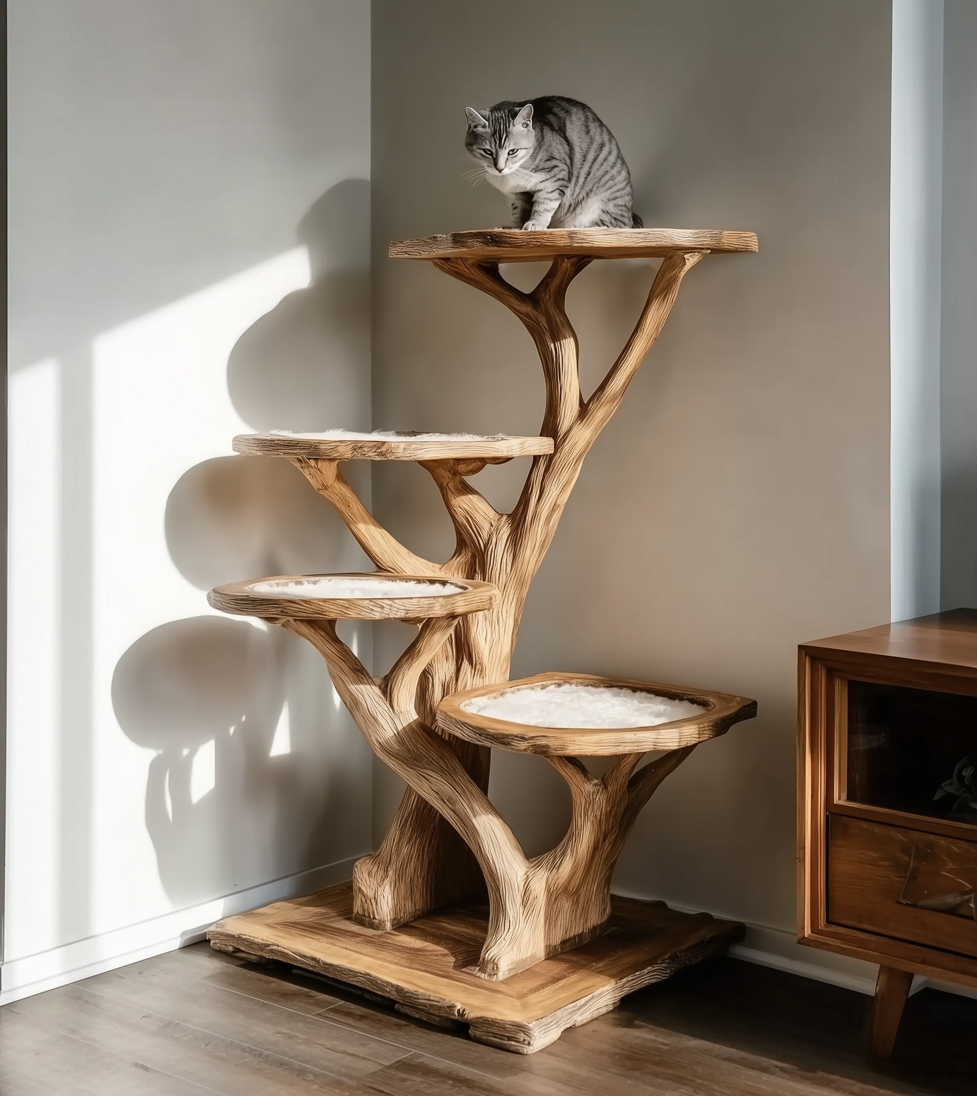Natural Wood Cat Tree Tower – Modern Handmade Large Cat Tree House with Shelves