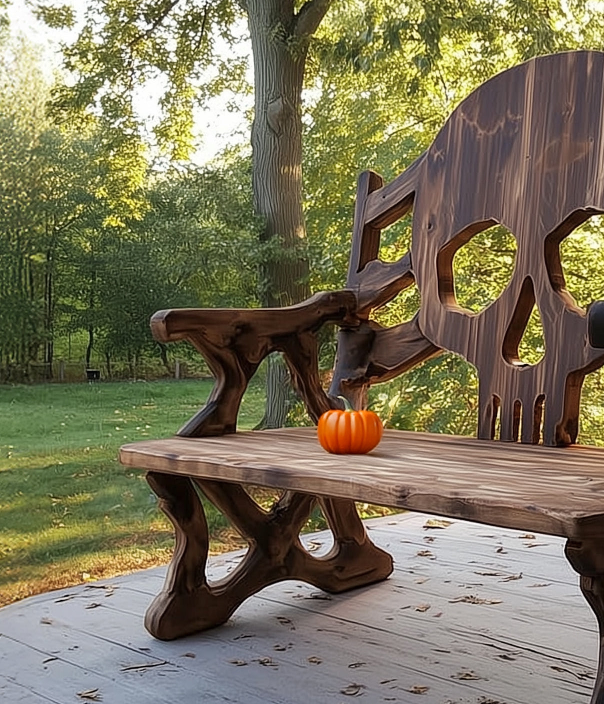 Handcrafted Skull Bench – Halloween Outdoor Wooden Seating for Porch or Garden