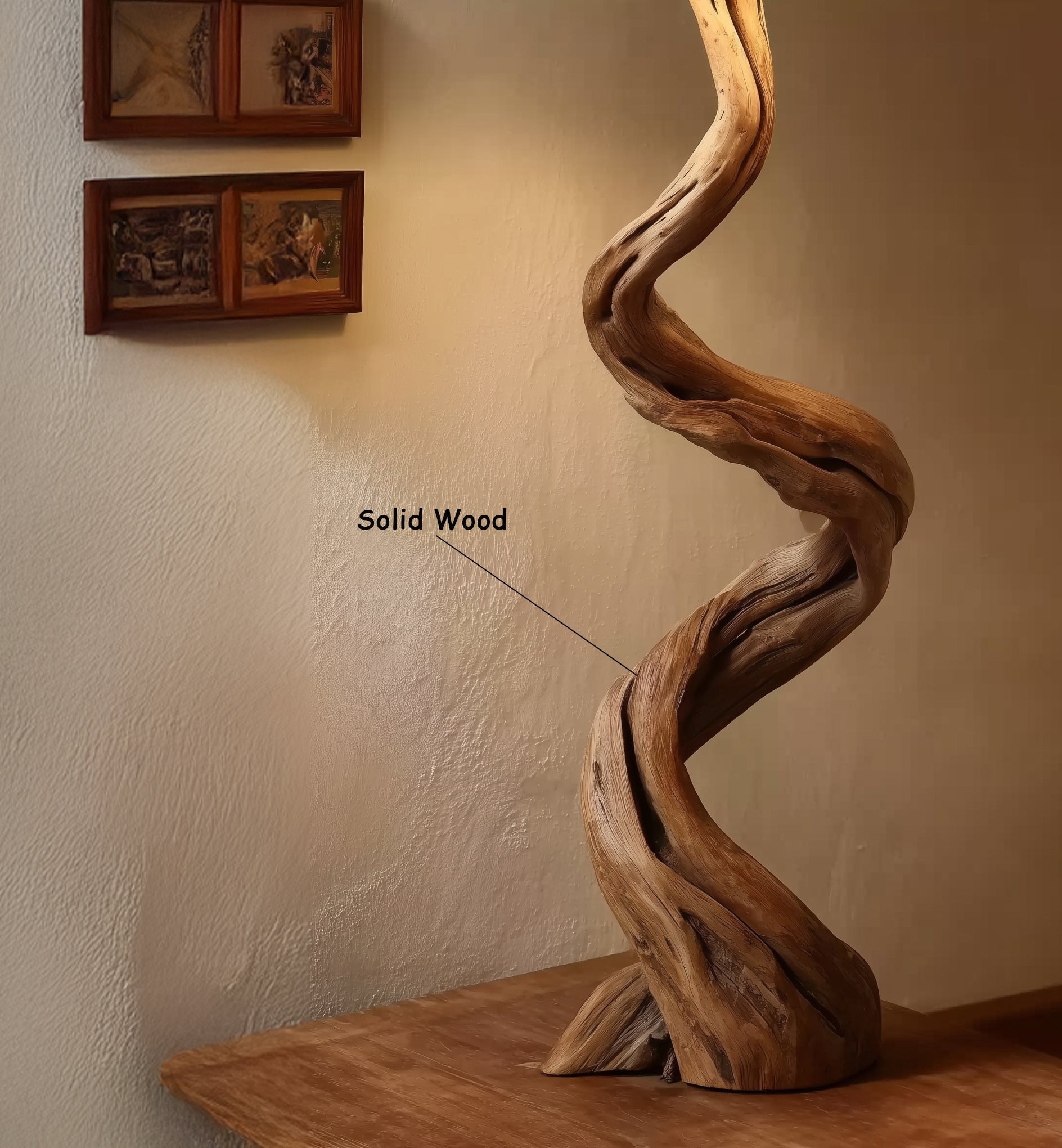 Rustic Driftwood Floor Lamp – Handmade Twisted Wood Standing Light with Linen Shade