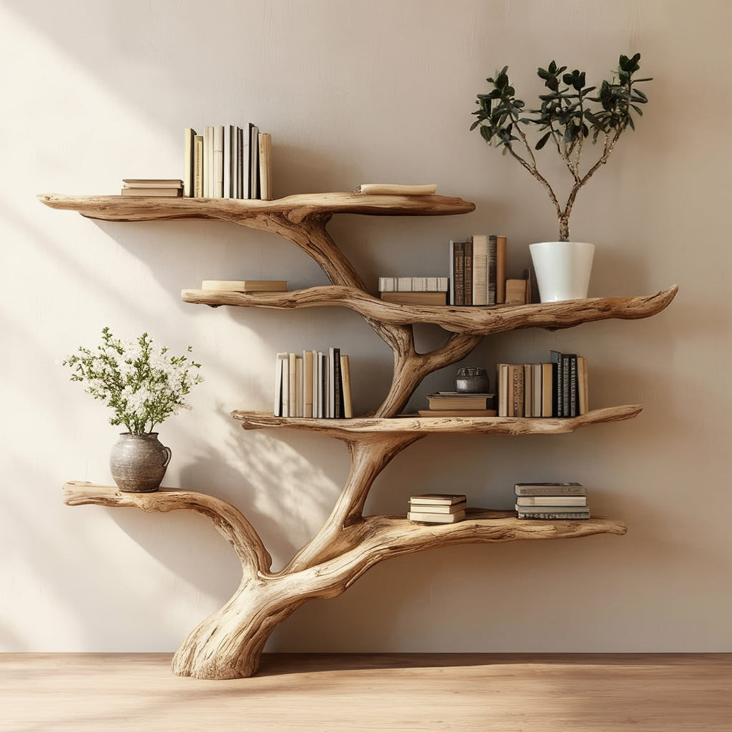 Live Edge Tree Branch Shelf – Handmade Wooden Bookcase, Rustic Decor