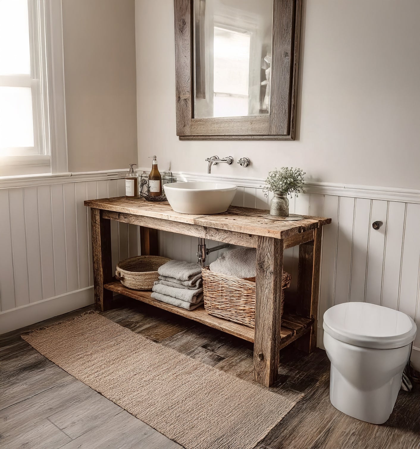 Rustic Wood Bathroom Vanity – Farmhouse Sink Console, Handmade Solid Wood