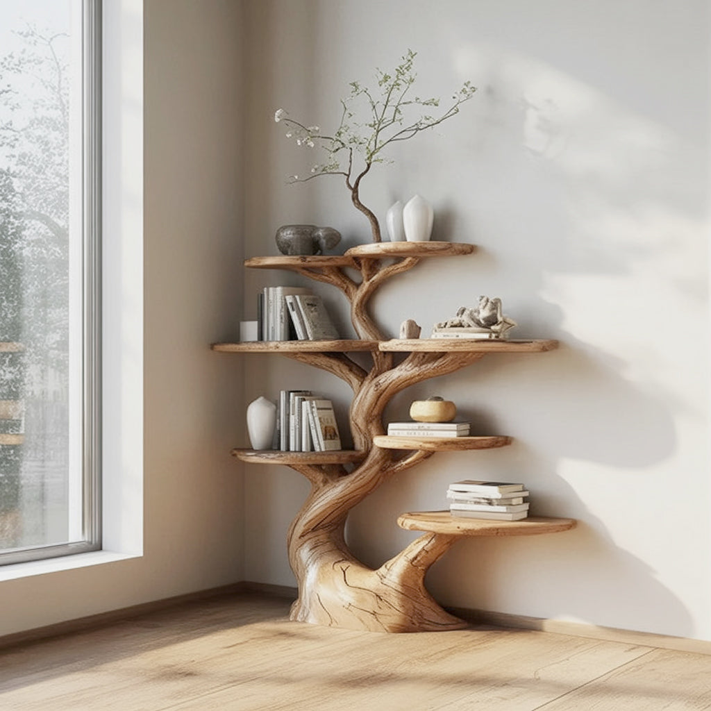 Tree Shaped Wooden Bookshelf – Handmade Solid Wood Tree Shelf for Home Decor