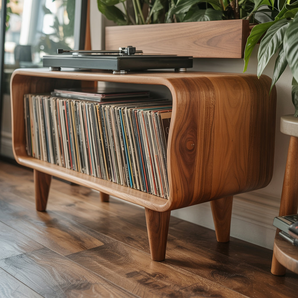 Solid Wood Record Player Stand – Mid-Century Modern Turntable Console