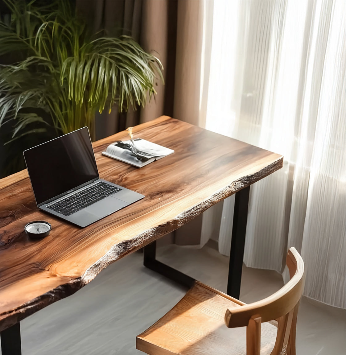 Live Edge Walnut Desk – Solid Wood Office Table with Metal Legs, Rustic Furniture