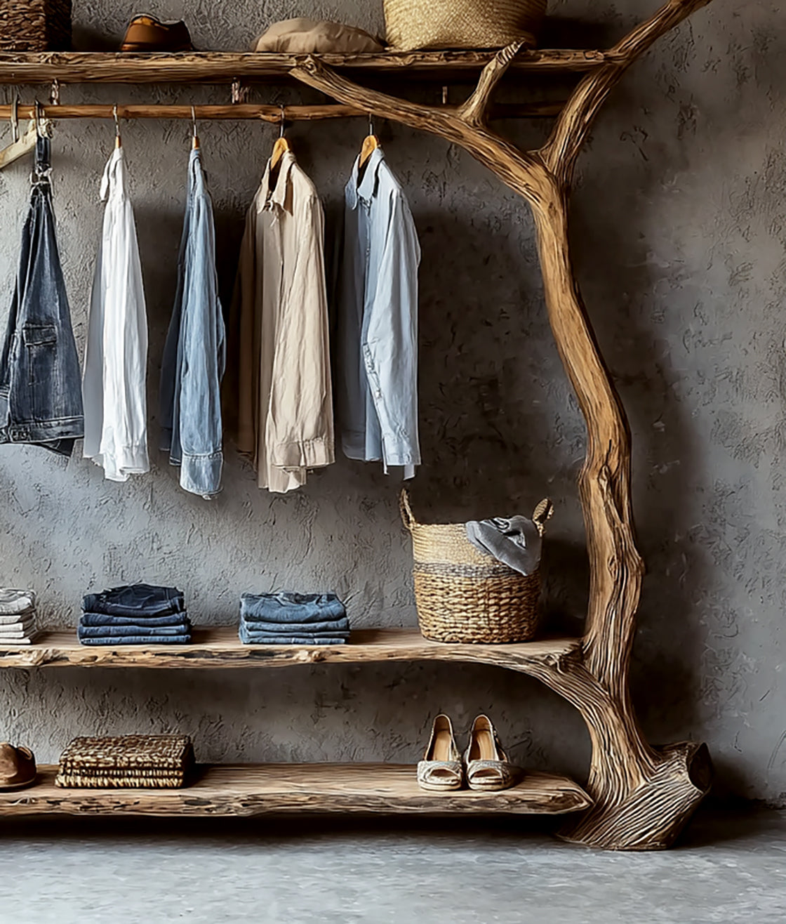 Handcrafted Tree Branch Clothing Rack – Solid Wood Wardrobe Shelf Organizer for Home Décor