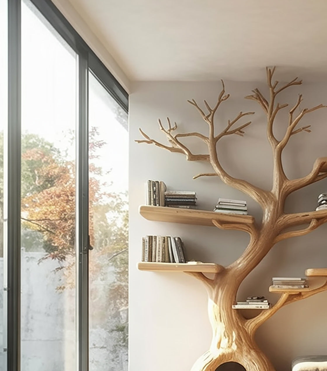 Tree Shaped Wooden Bookshelf with Cat House – Handmade Solid Wood Pet Furniture