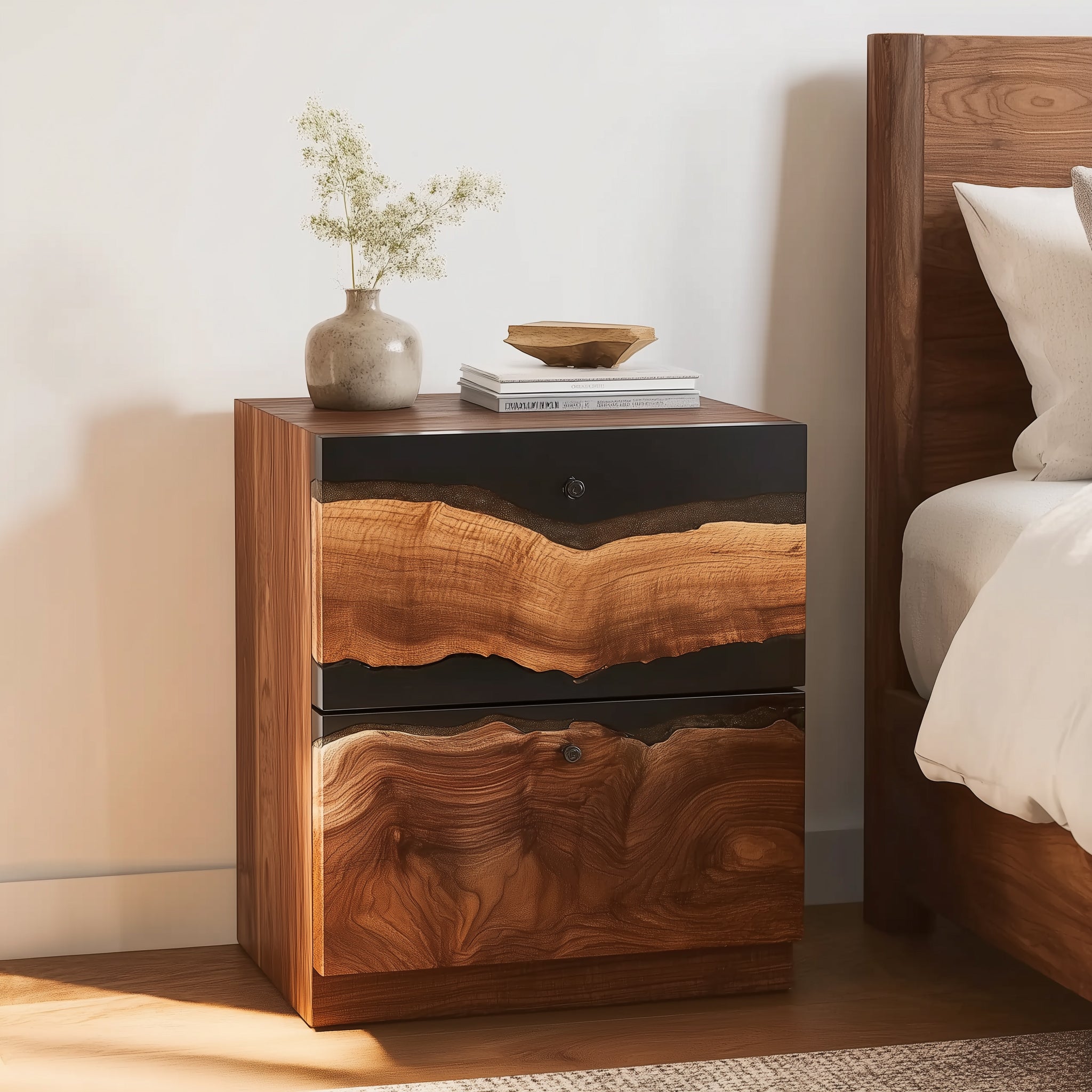 Rustic Solid Wood Nightstand with Drawer and Open Shelf for Bedroom Decor